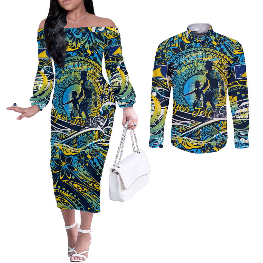 Father's Day Tokelau Couples Matching Off The Shoulder Long Sleeve Dress and Long Sleeve Button Shirt Special Dad Polynesia Paradise DT02 Blue - Polynesian Pride
