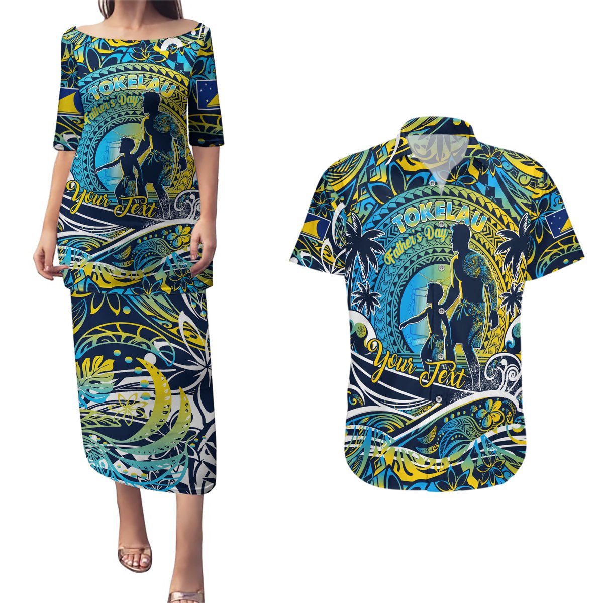 Father's Day Tokelau Couples Matching Puletasi and Hawaiian Shirt Special Dad Polynesia Paradise DT02 Blue - Polynesian Pride
