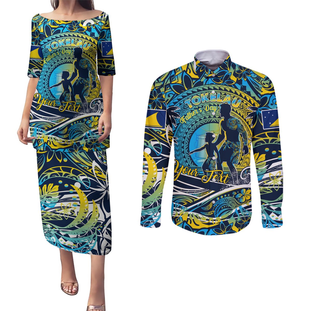 Father's Day Tokelau Couples Matching Puletasi and Long Sleeve Button Shirt Special Dad Polynesia Paradise DT02 Blue - Polynesian Pride