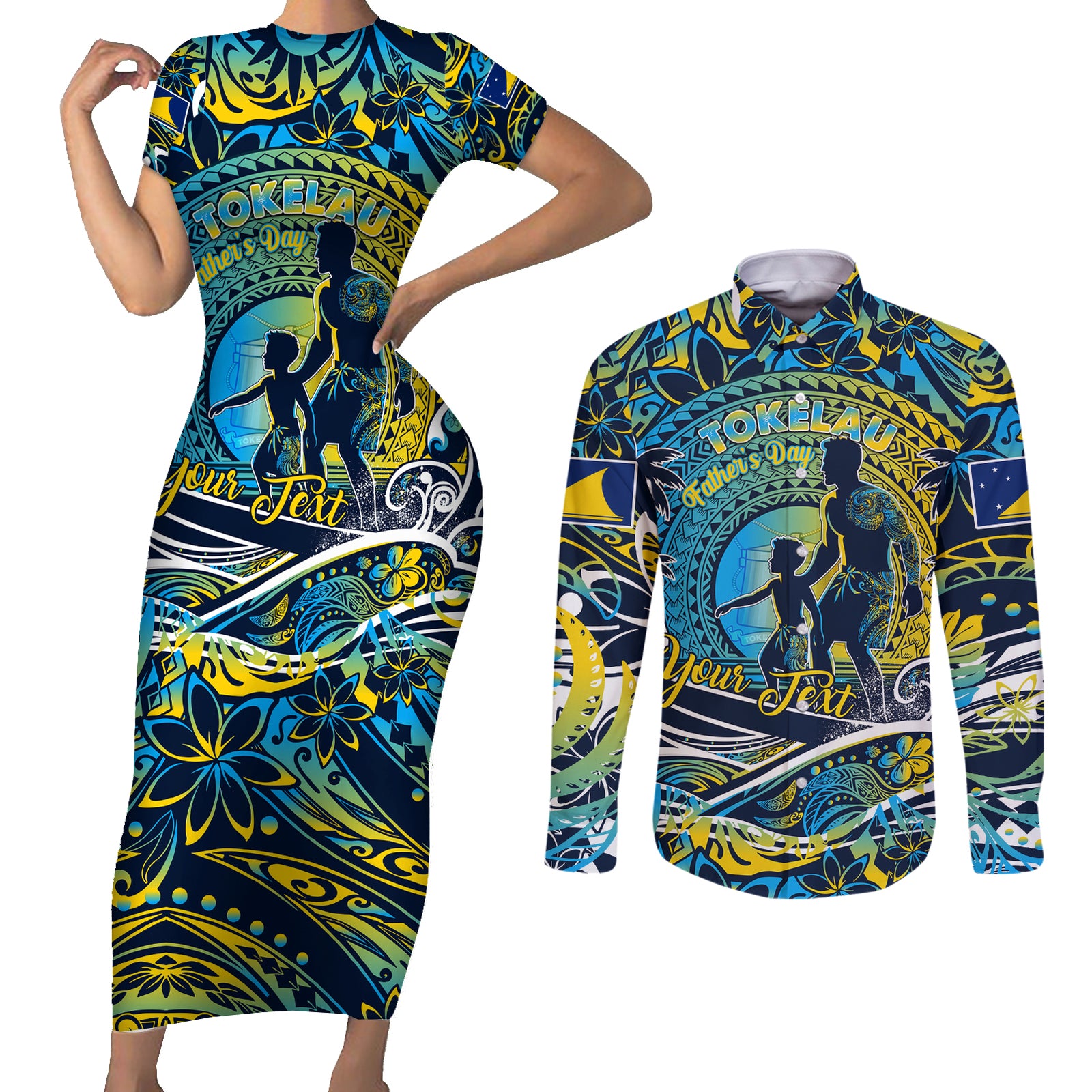 Father's Day Tokelau Couples Matching Short Sleeve Bodycon Dress and Long Sleeve Button Shirt Special Dad Polynesia Paradise DT02 Blue - Polynesian Pride