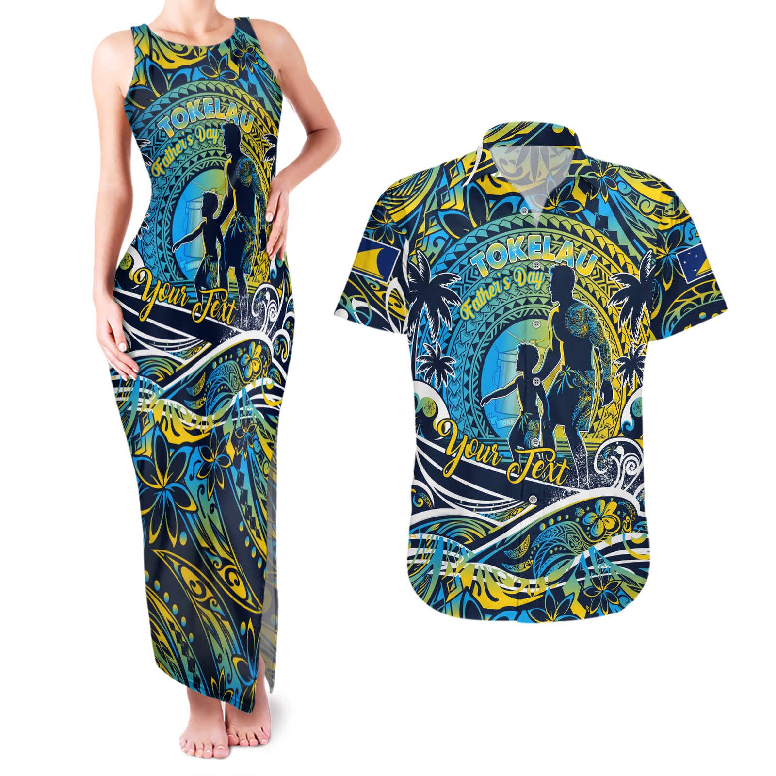 Father's Day Tokelau Couples Matching Tank Maxi Dress and Hawaiian Shirt Special Dad Polynesia Paradise DT02 Blue - Polynesian Pride
