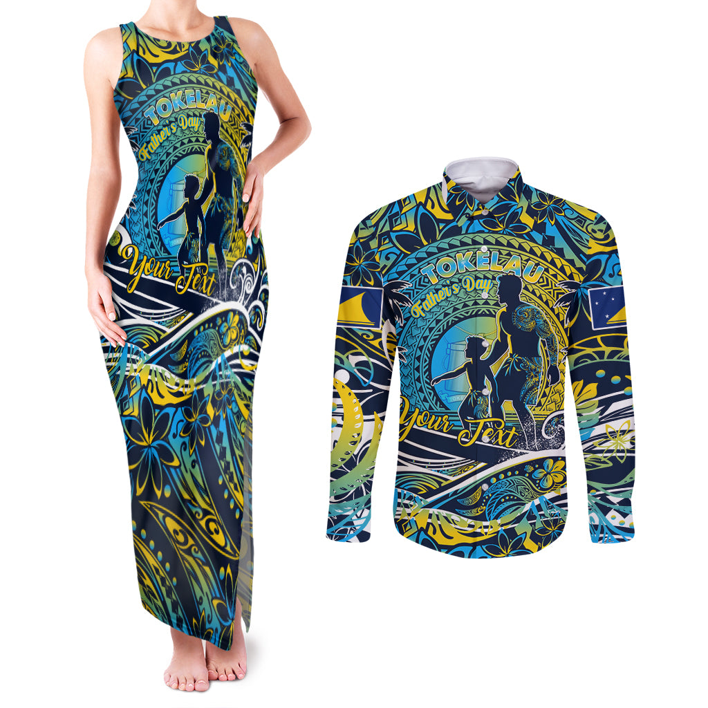Father's Day Tokelau Couples Matching Tank Maxi Dress and Long Sleeve Button Shirt Special Dad Polynesia Paradise DT02 Blue - Polynesian Pride