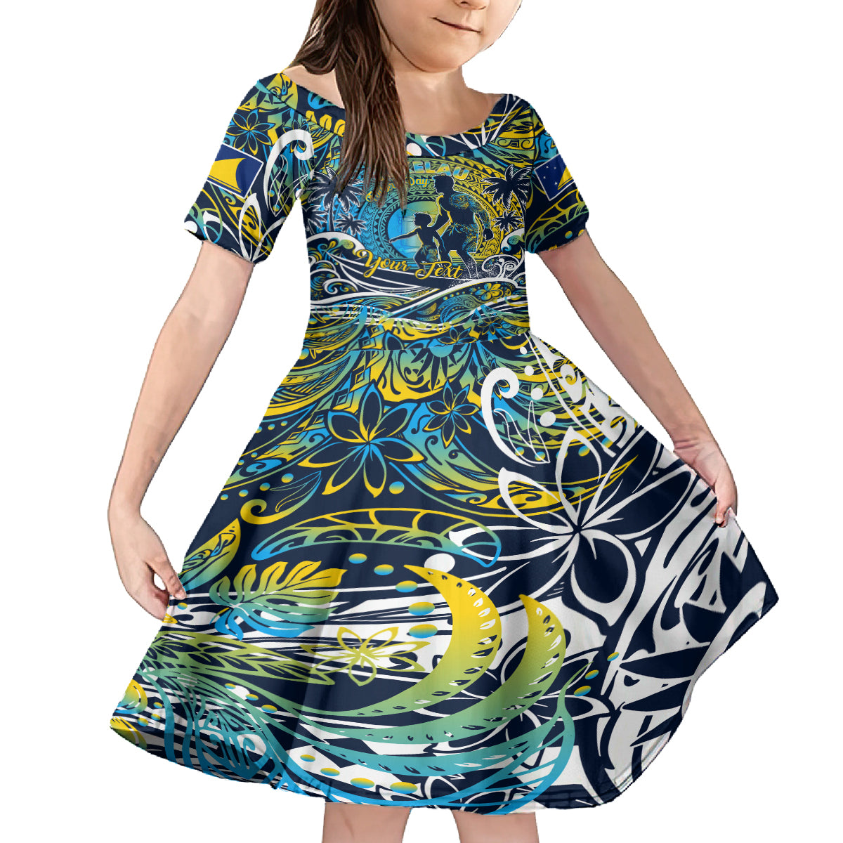 Father's Day Tokelau Family Matching Off The Shoulder Long Sleeve Dress and Hawaiian Shirt Special Dad Polynesia Paradise DT02 Daughter's Dress Blue - Polynesian Pride