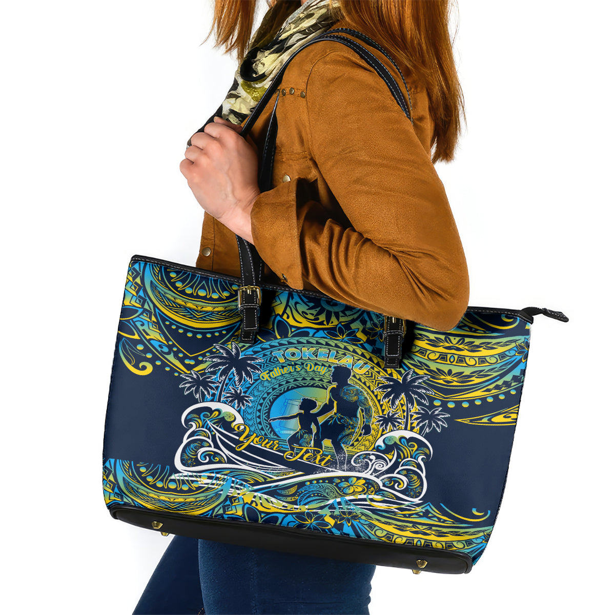 Father's Day Tokelau Leather Tote Bag Special Dad Polynesia Paradise DT02 Blue - Polynesian Pride
