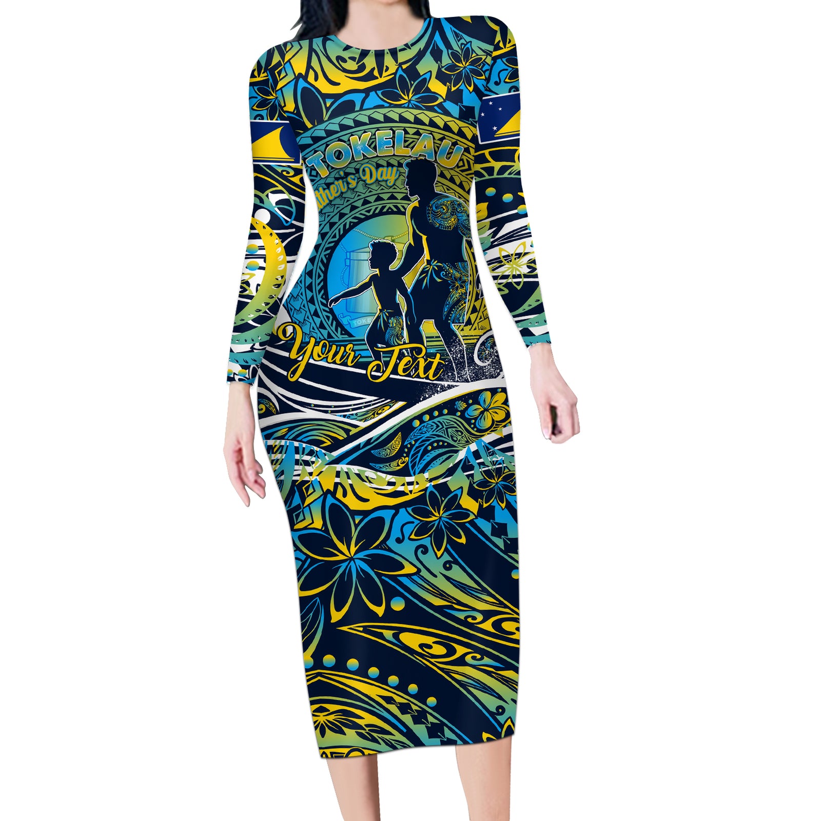 Father's Day Tokelau Long Sleeve Bodycon Dress Special Dad Polynesia Paradise DT02 Long Dress Blue - Polynesian Pride
