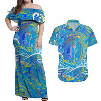 Father's Day Tuvalu Couples Matching Off Shoulder Maxi Dress and Hawaiian Shirt Special Dad Polynesia Paradise DT02 Blue - Polynesian Pride