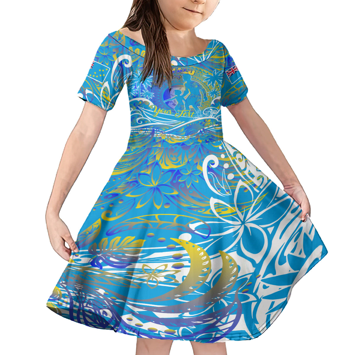Father's Day Tuvalu Family Matching Off The Shoulder Long Sleeve Dress and Hawaiian Shirt Special Dad Polynesia Paradise DT02 Daughter's Dress Blue - Polynesian Pride