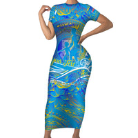 Father's Day Tuvalu Family Matching Short Sleeve Bodycon Dress and Hawaiian Shirt Special Dad Polynesia Paradise DT02 Mom's Dress Blue - Polynesian Pride