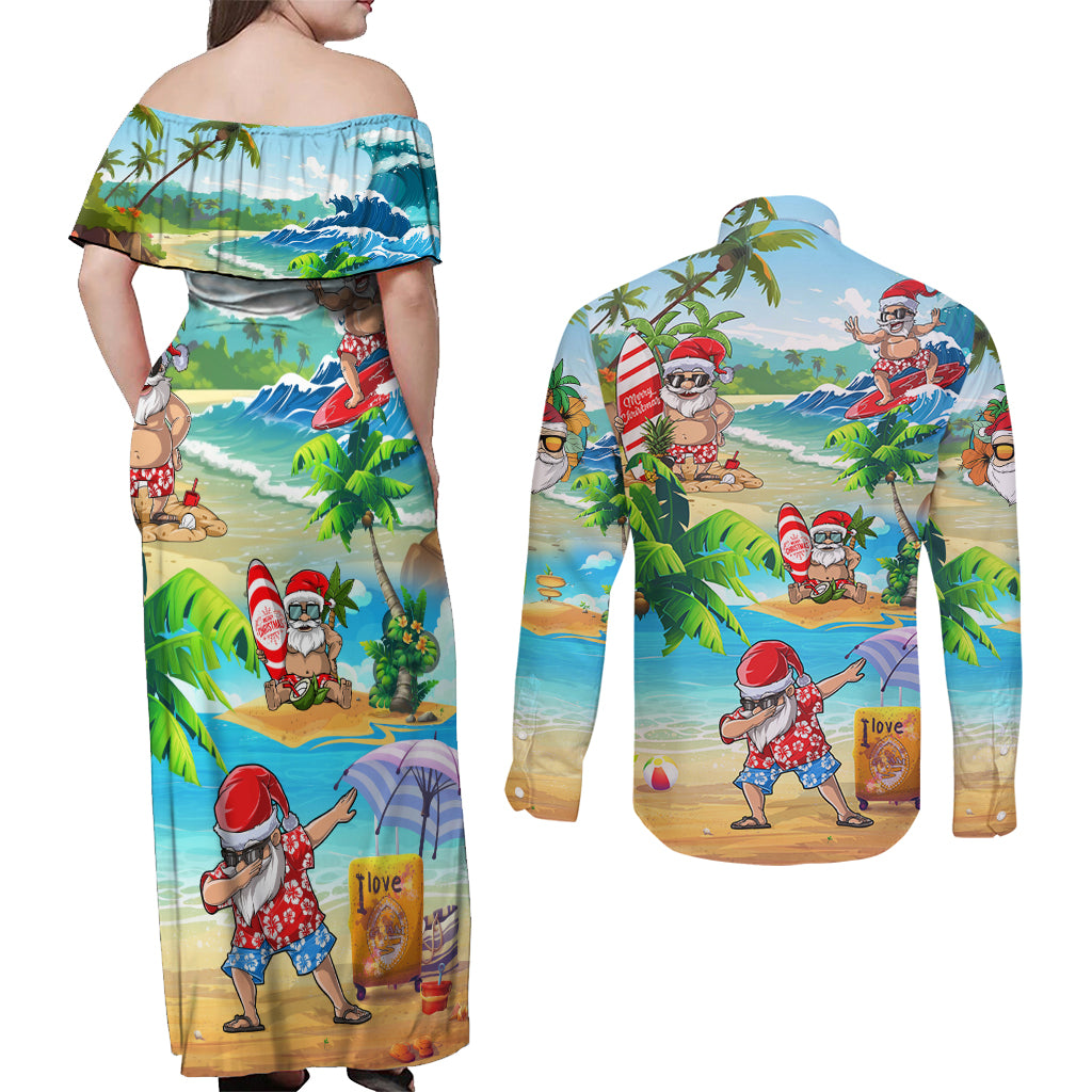 Guam Christmas Couples Matching Off Shoulder Maxi Dress and Long Sleeve Button Shirts Santa Claus Beach and Wave DT02 - Polynesian Pride