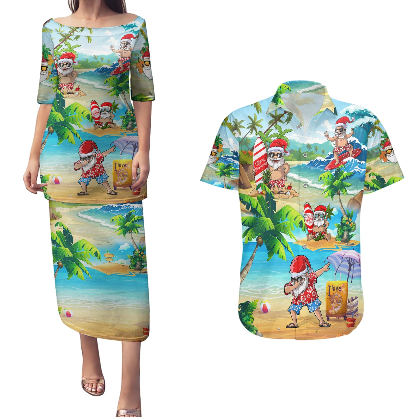 Guam Christmas Couples Matching Puletasi Dress and Hawaiian Shirt Santa Claus Beach and Wave DT02 Art - Polynesian Pride