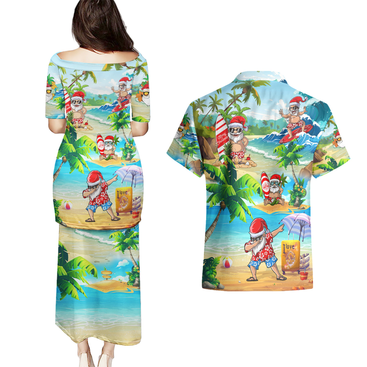 Guam Christmas Couples Matching Puletasi Dress and Hawaiian Shirt Santa Claus Beach and Wave DT02 - Polynesian Pride