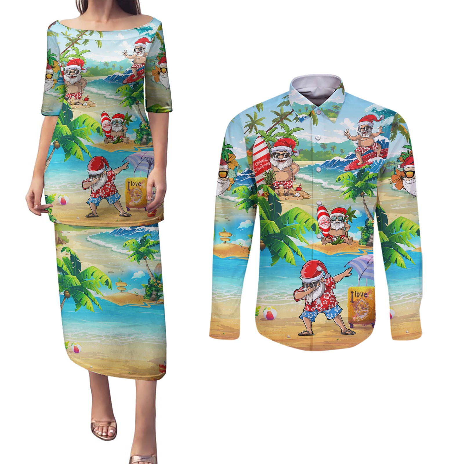 Guam Christmas Couples Matching Puletasi Dress and Long Sleeve Button Shirts Santa Claus Beach and Wave DT02 Art - Polynesian Pride