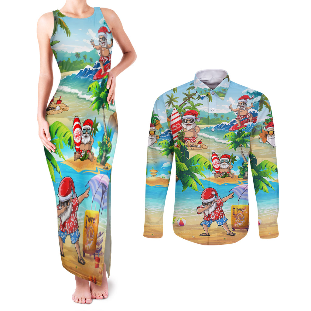Guam Christmas Couples Matching Tank Maxi Dress and Long Sleeve Button Shirts Santa Claus Beach and Wave DT02 Art - Polynesian Pride