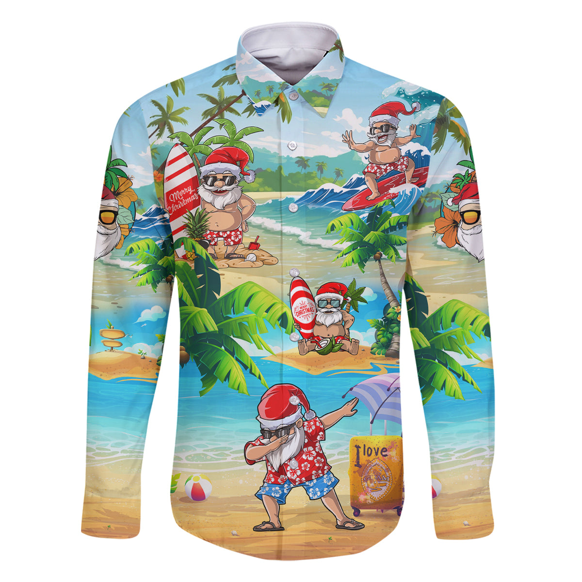 Guam Christmas Family Matching Long Sleeve Bodycon Dress and Hawaiian Shirt Santa Claus Beach and Wave DT02 Dad's Shirt - Long Sleeve Art - Polynesian Pride