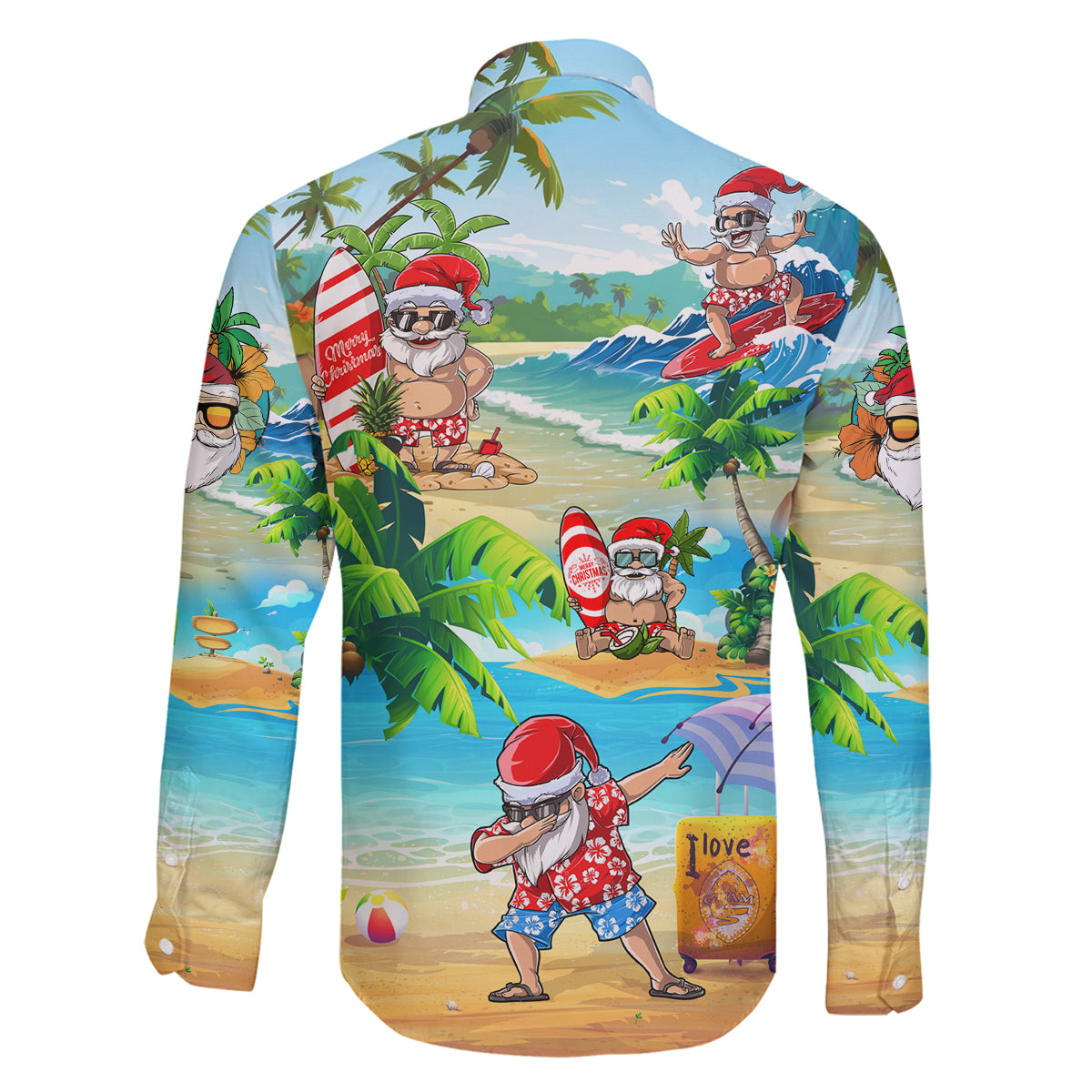 Guam Christmas Family Matching Off Shoulder Long Sleeve Dress and Hawaiian Shirt Santa Claus Beach and Wave DT02 - Polynesian Pride