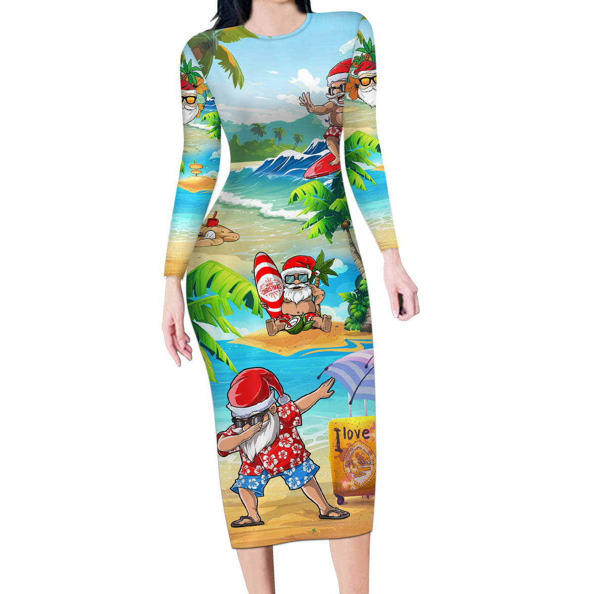 Guam Christmas Long Sleeve Bodycon Dress Santa Claus Beach and Wave DT - Polynesian Pride Guam Christmas Long Sleeve Bodycon Dress Santa Claus Beach and Wave DT - Polynesian Pride