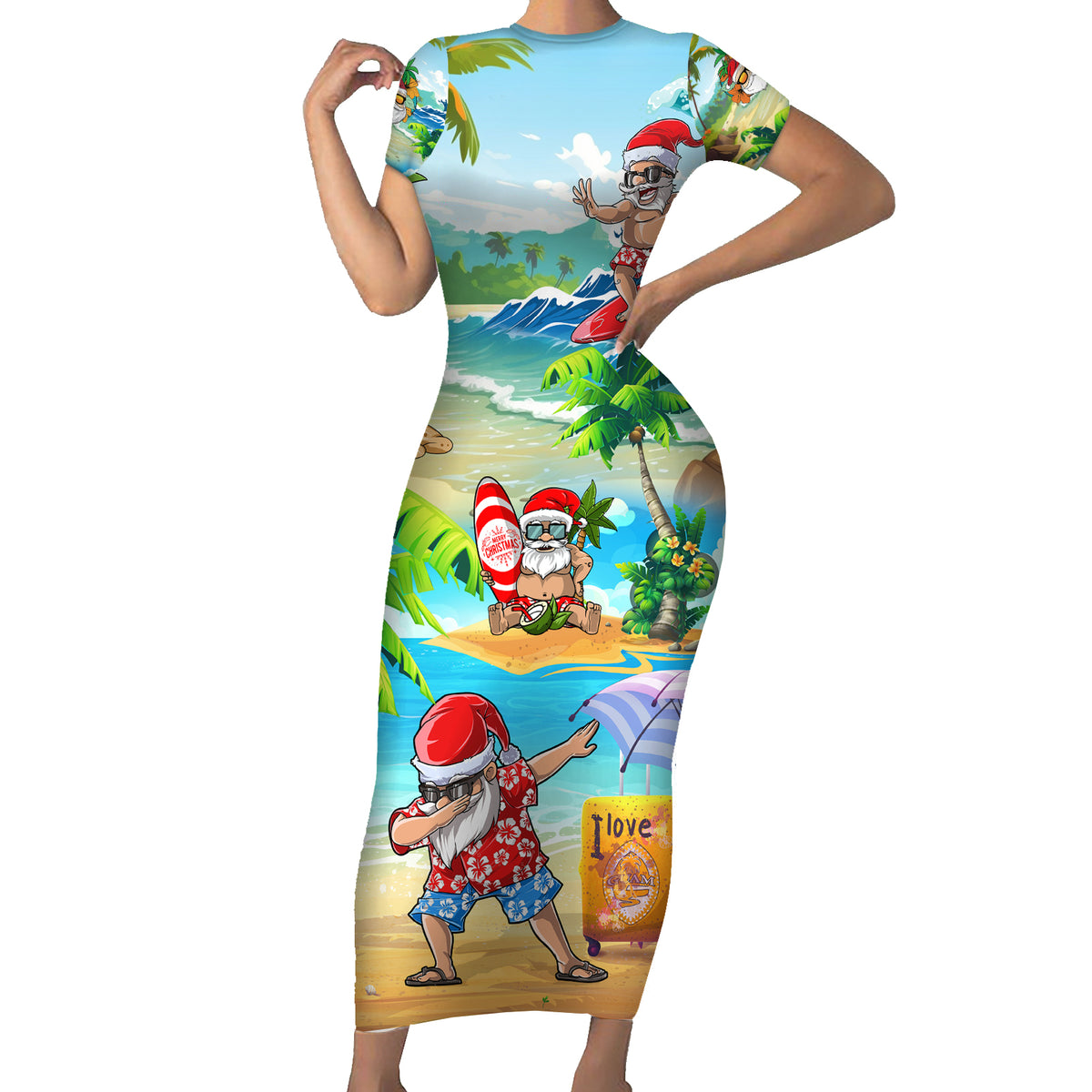 Guam Christmas Short Sleeve Bodycon Dress Santa Claus Beach and Wave DT02 Long Dress Art - Polynesian Pride