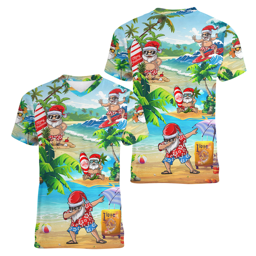 Guam Christmas Women V Neck T Shirt Santa Claus Beach and Wave DT02 - Polynesian Pride