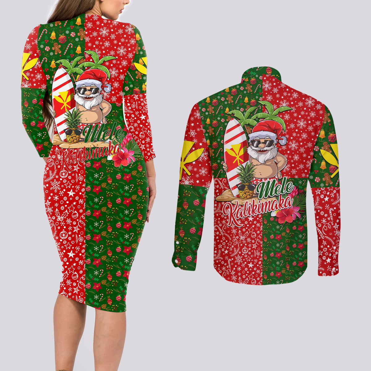 Hawaii Christmas Couples Matching Long Sleeve Bodycon Dress and Long Sleeve Button Shirts Mele Kalikimaka Kanaka Maoli DT02 - Polynesian Pride