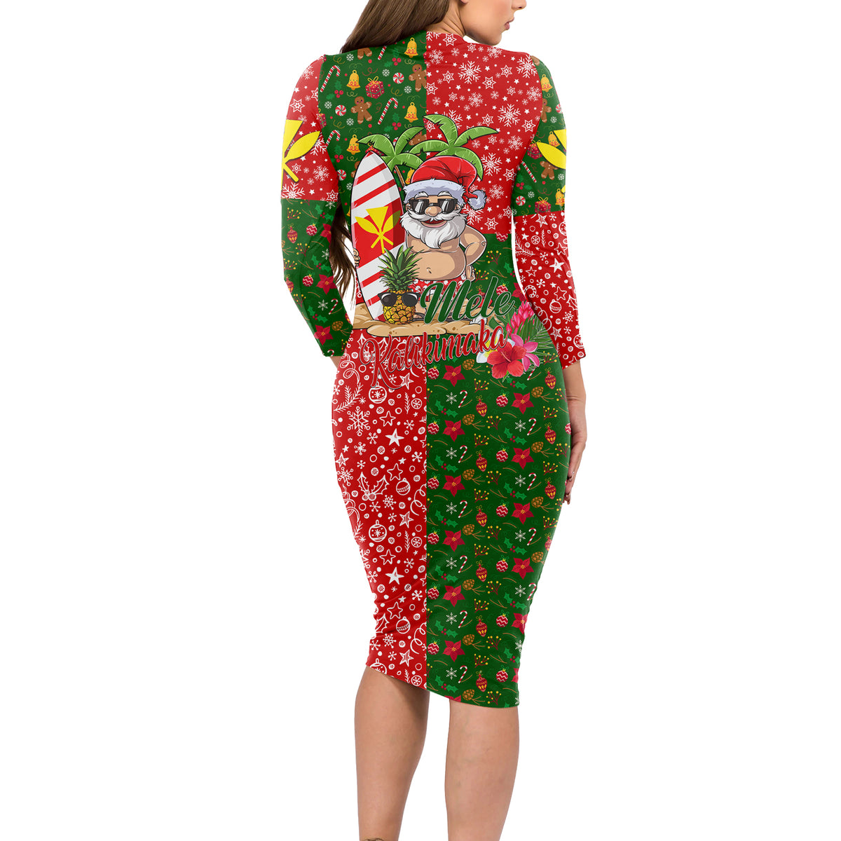 Hawaii Christmas Long Sleeve Bodycon Dress Mele Kalikimaka Kanaka Maoli DT02 - Polynesian Pride