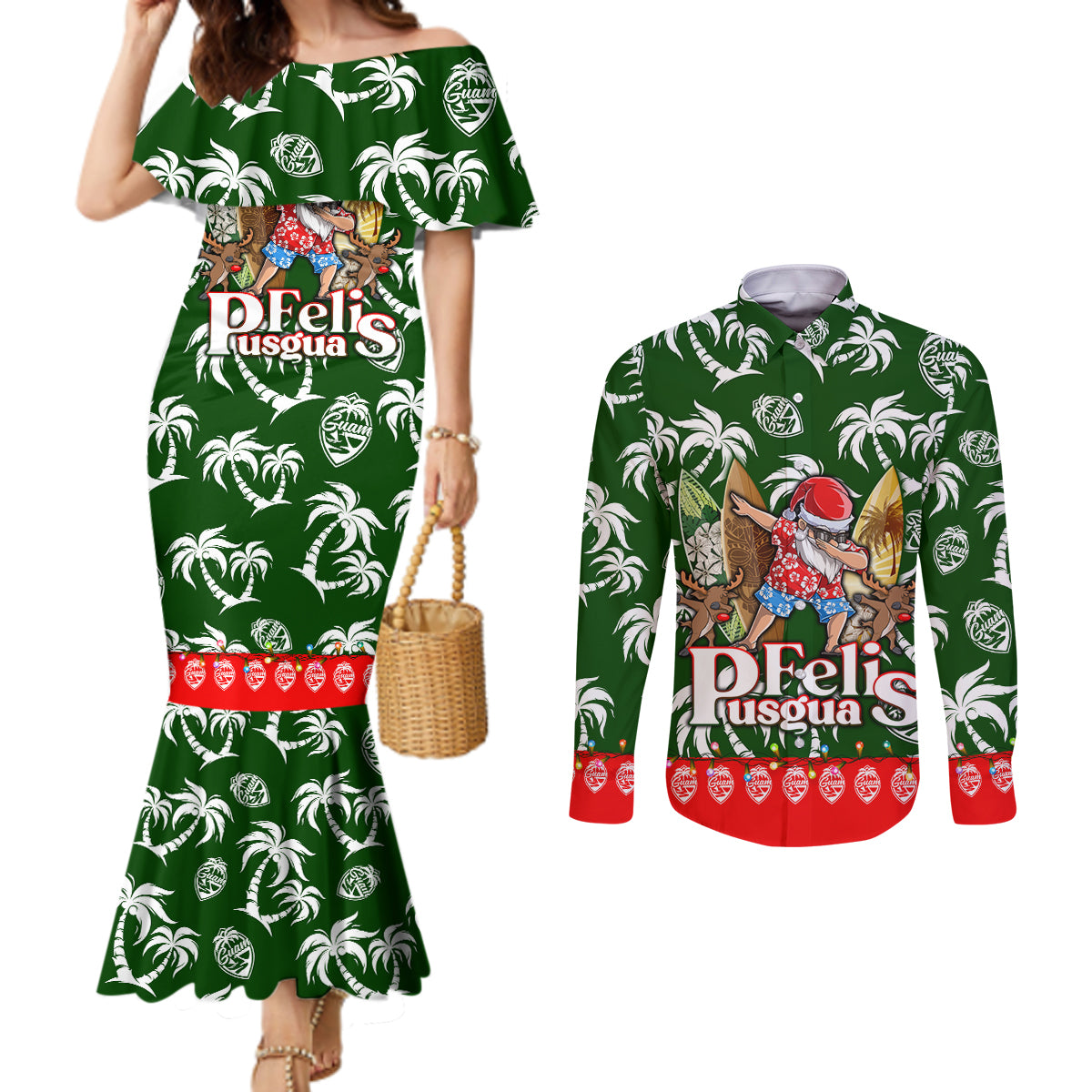Guam Christmas Couples Matching Mermaid Dress and Long Sleeve Button Shirts Felis Pusgua Tropical Xmas Patterns DT02 Green - Polynesian Pride