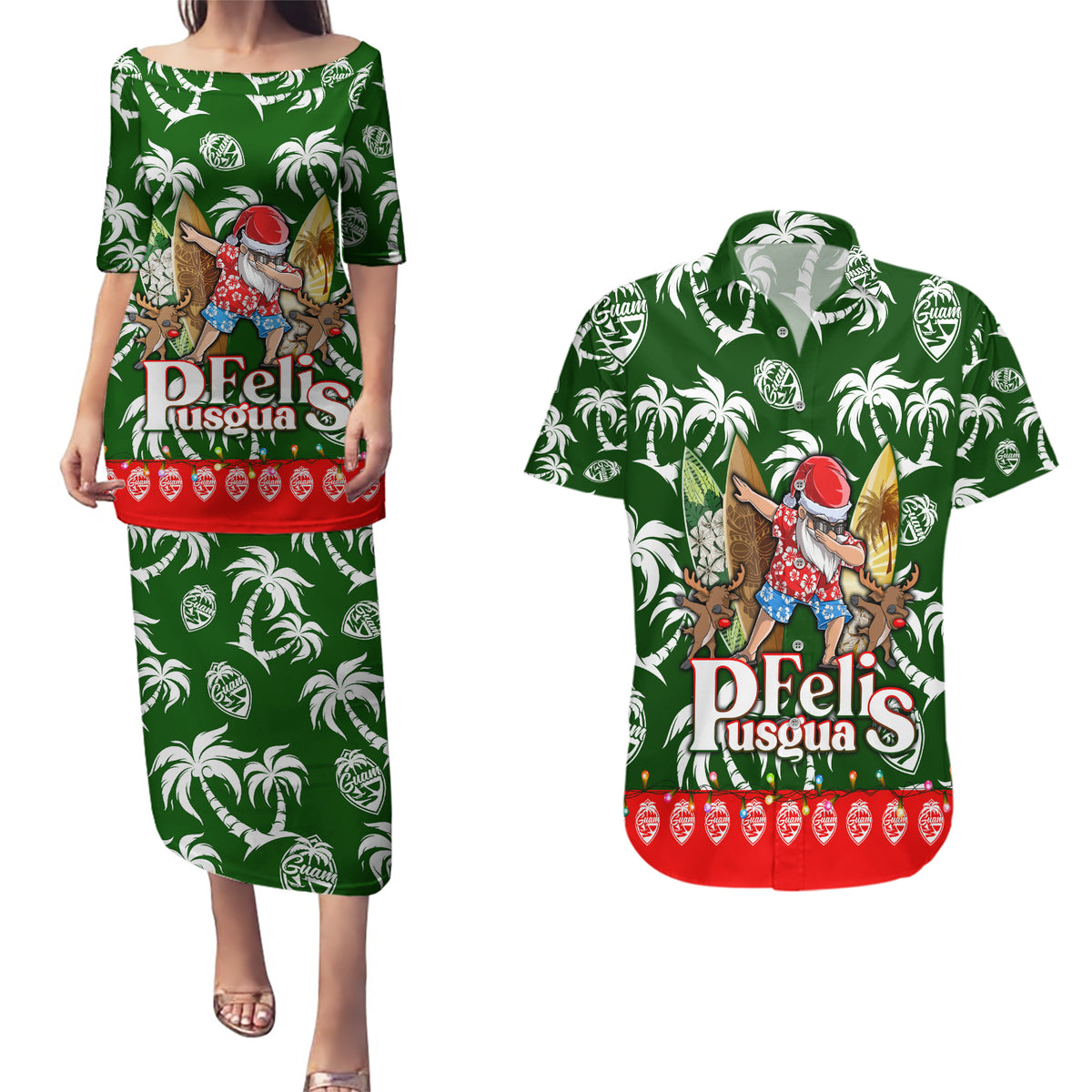 Guam Christmas Couples Matching Puletasi Dress and Hawaiian Shirt Felis Pusgua Tropical Xmas Patterns DT02 Green - Polynesian Pride