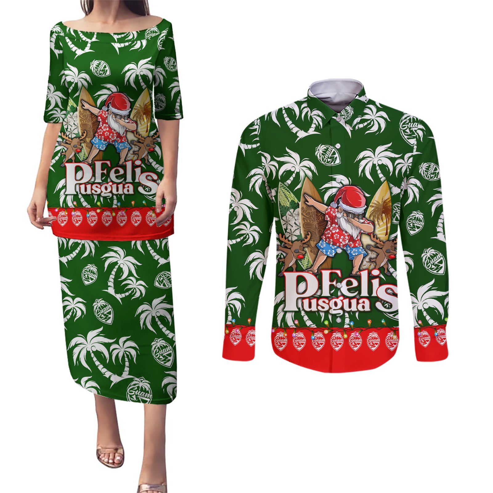 Guam Christmas Couples Matching Puletasi Dress and Long Sleeve Button Shirts Felis Pusgua Tropical Xmas Patterns DT02 Green - Polynesian Pride