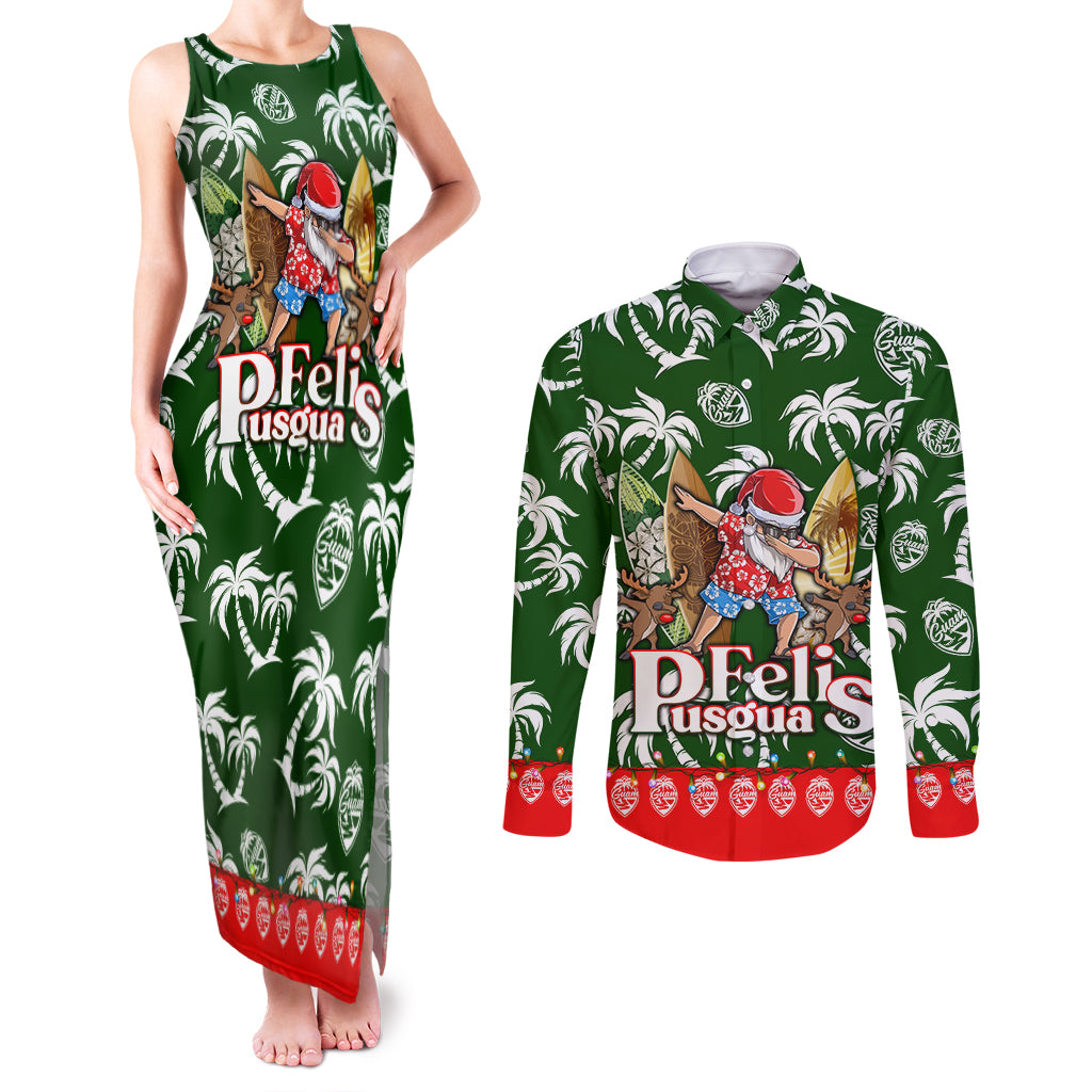 Guam Christmas Couples Matching Tank Maxi Dress and Long Sleeve Button Shirts Felis Pusgua Tropical Xmas Patterns DT02 Green - Polynesian Pride