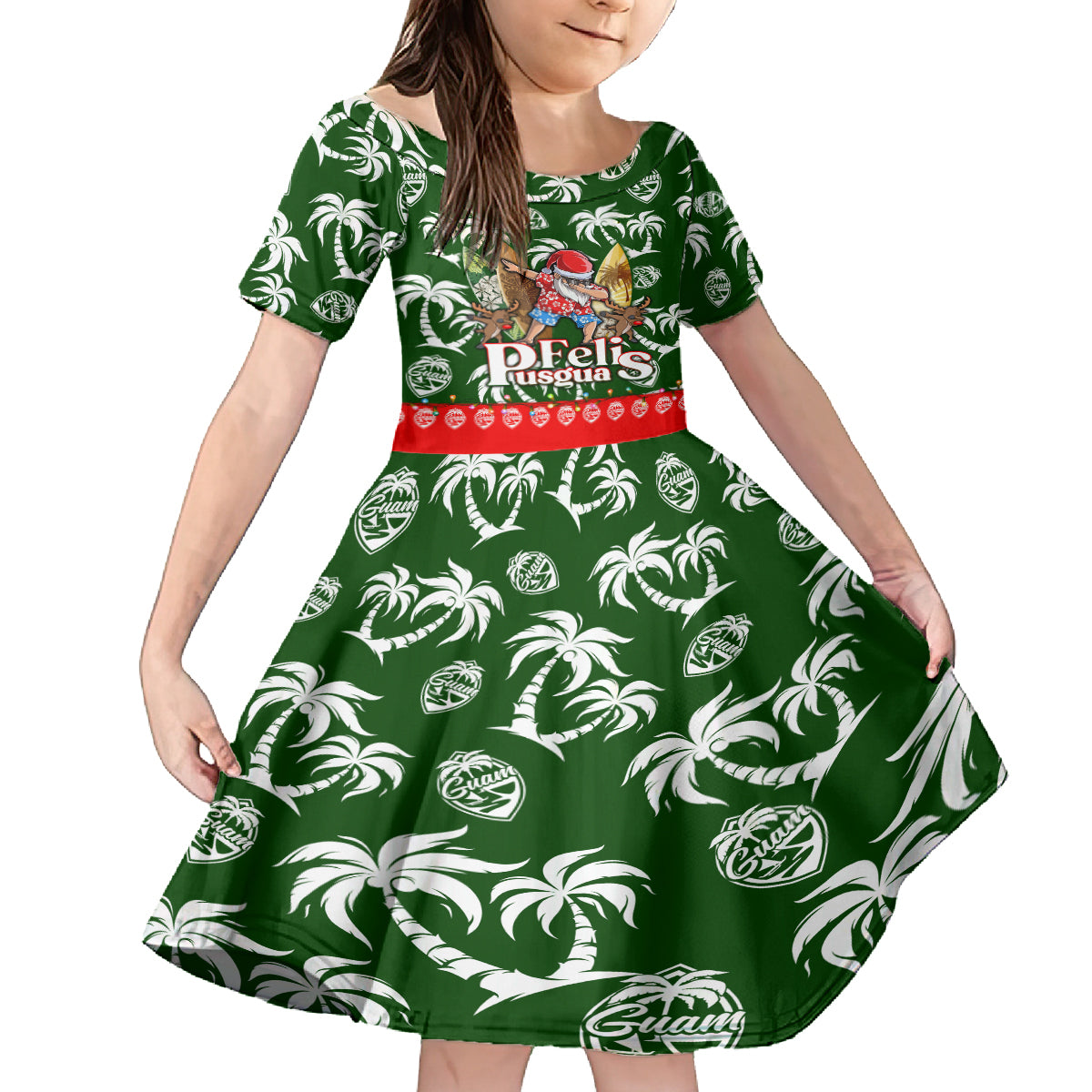 Guam Christmas Family Matching Off Shoulder Maxi Dress and Hawaiian Shirt Felis Pusgua Tropical Xmas Patterns DT02 Daughter's Dress Green - Polynesian Pride