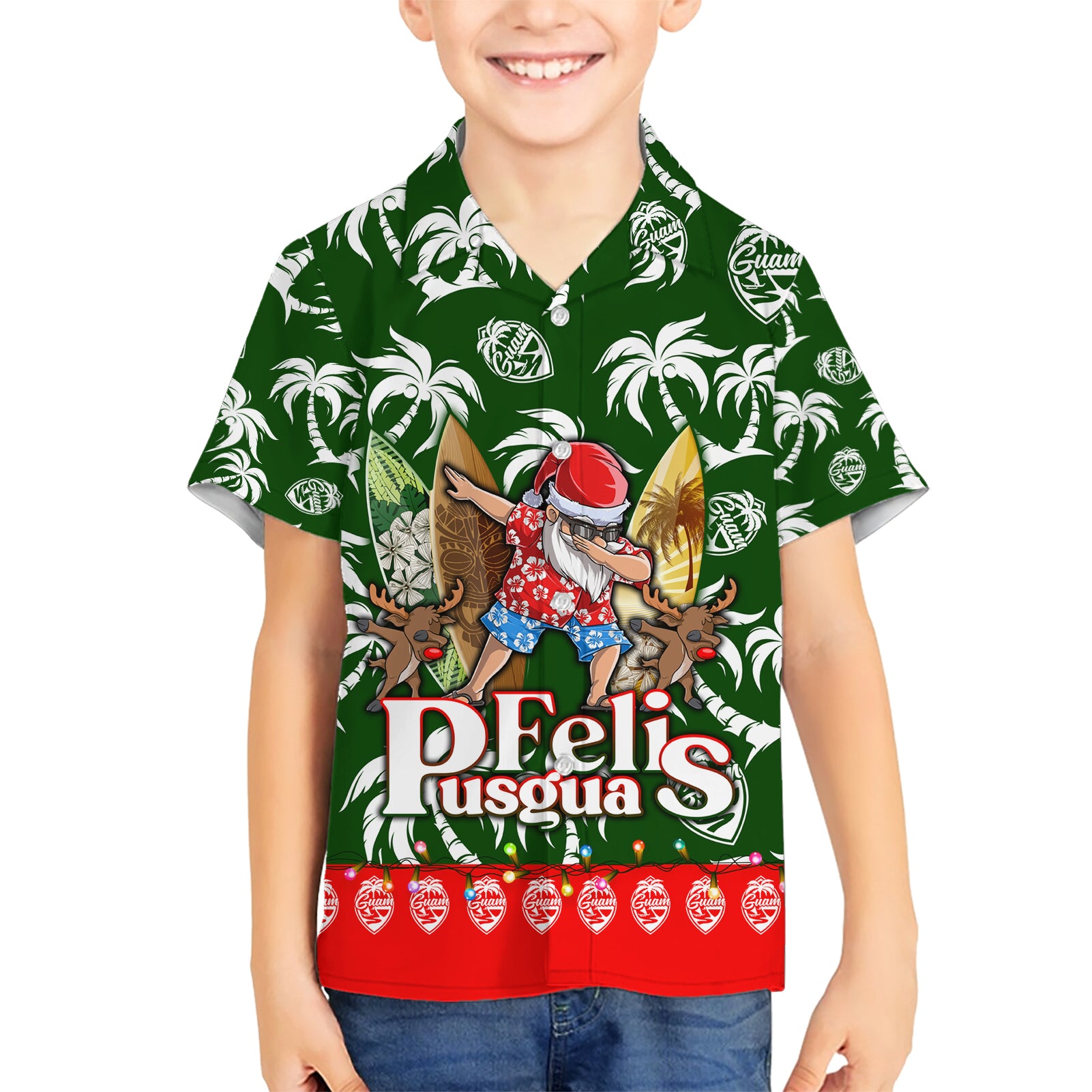 Guam Christmas Kid Hawaiian Shirt Felis Pusgua Tropical Xmas Patterns DT02 Kid Green - Polynesian Pride