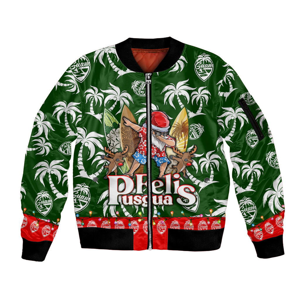 Guam Christmas Sleeve Zip Bomber Jacket Felis Pusgua Tropical Xmas Patterns DT02 Unisex Green - Polynesian Pride