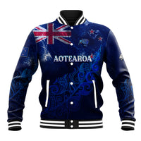 Personalised New Zealand Baseball Jacket Aotearoa Map Silver Fern DT02 Unisex Blue - Polynesian Pride