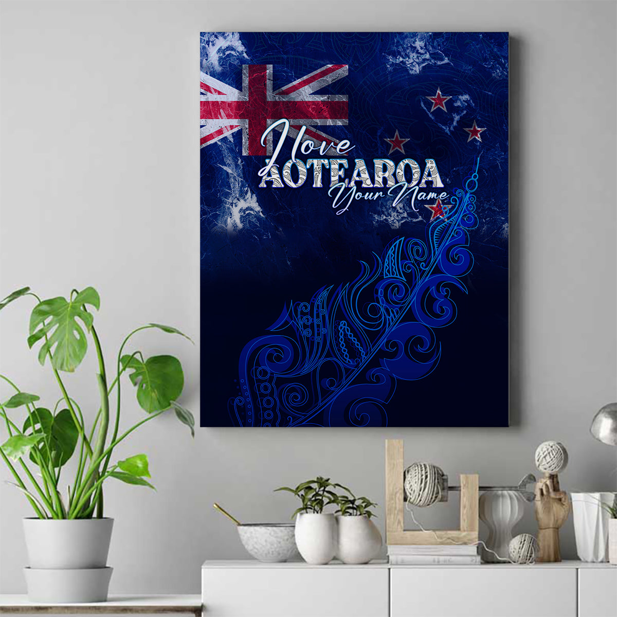Personalised New Zealand Canvas Wall Art Aotearoa Map Silver Fern DT02 Blue - Polynesian Pride
