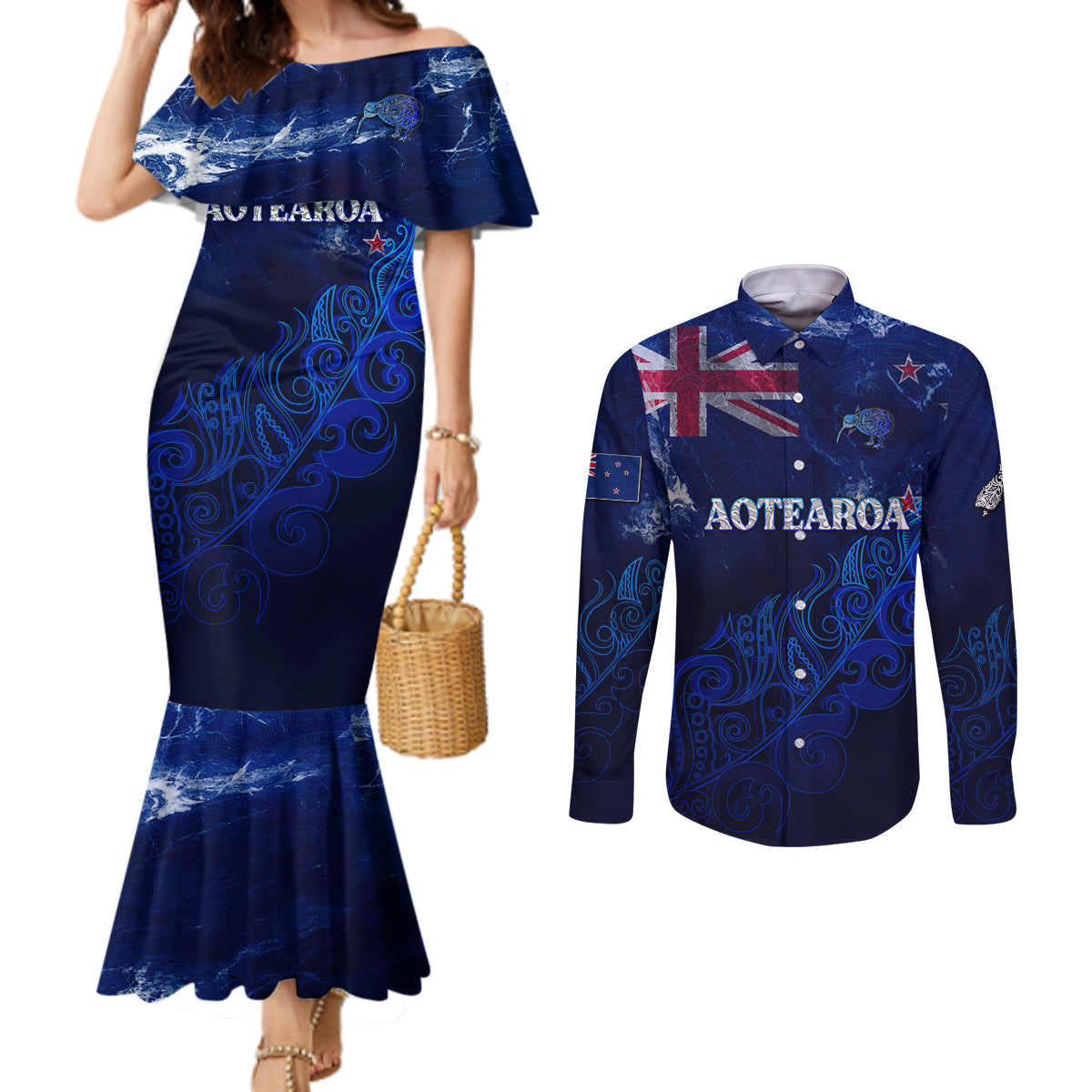 Personalised New Zealand Couples Matching Mermaid Dress and Long Sleeve Button Shirts Aotearoa Map Silver Fern DT02 Blue - Polynesian Pride