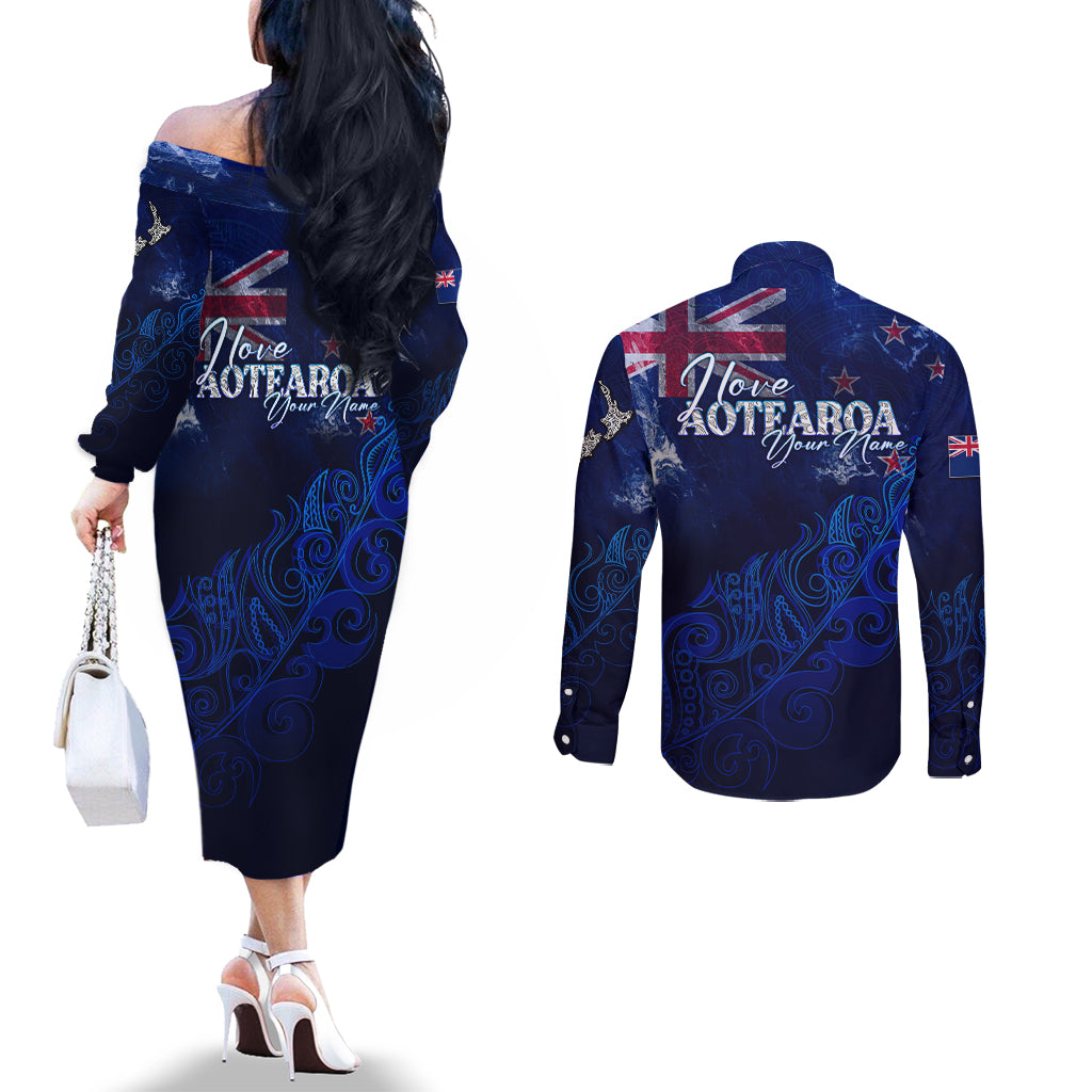 Personalised New Zealand Couples Matching Off The Shoulder Long Sleeve Dress and Long Sleeve Button Shirts Aotearoa Map Silver Fern DT02 - Polynesian Pride