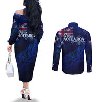 Personalised New Zealand Couples Matching Off The Shoulder Long Sleeve Dress and Long Sleeve Button Shirts Aotearoa Map Silver Fern DT02 - Polynesian Pride
