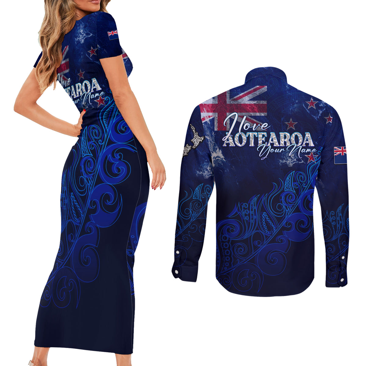 Personalised New Zealand Couples Matching Short Sleeve Bodycon Dress and Long Sleeve Button Shirts Aotearoa Map Silver Fern DT02 - Polynesian Pride