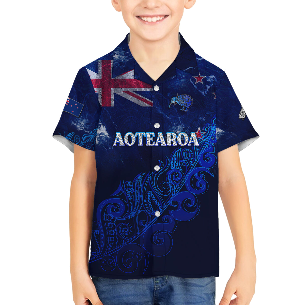 Personalised New Zealand Family Matching Off Shoulder Long Sleeve Dress and Hawaiian Shirt Aotearoa Map Silver Fern DT02 Son's Shirt Blue - Polynesian Pride