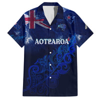 Personalised New Zealand Family Matching Off Shoulder Short Dress and Hawaiian Shirt Aotearoa Map Silver Fern DT02 Dad's Shirt - Short Sleeve Blue - Polynesian Pride