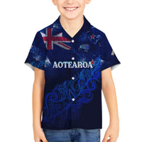 Personalised New Zealand Family Matching Off Shoulder Short Dress and Hawaiian Shirt Aotearoa Map Silver Fern DT02 Son's Shirt Blue - Polynesian Pride