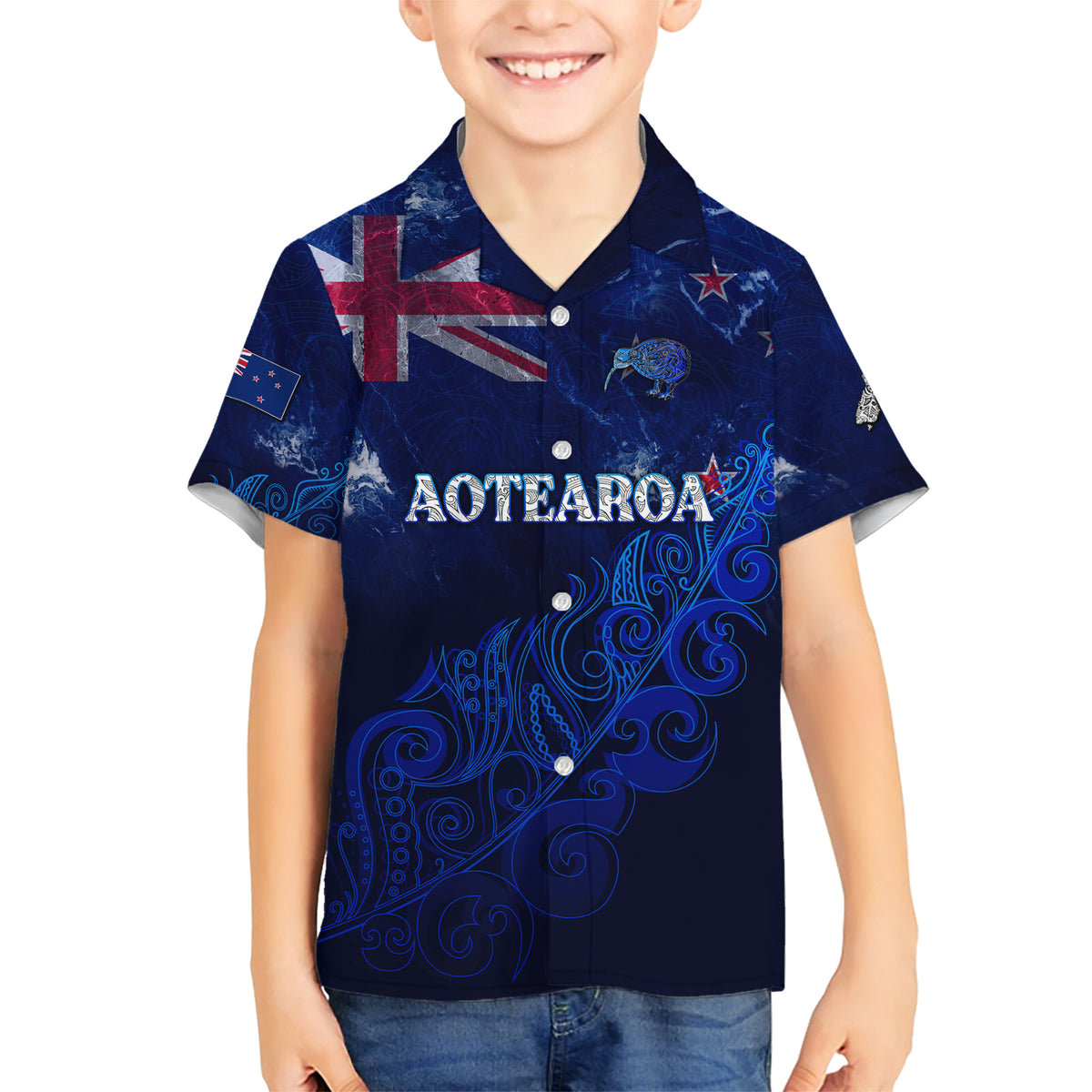 Personalised New Zealand Family Matching Short Sleeve Bodycon Dress and Hawaiian Shirt Aotearoa Map Silver Fern DT02 Son's Shirt Blue - Polynesian Pride