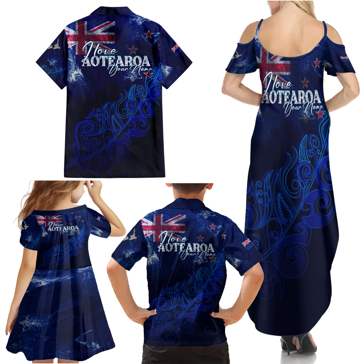 Personalised New Zealand Family Matching Summer Maxi Dress and Hawaiian Shirt Aotearoa Map Silver Fern DT02 - Polynesian Pride