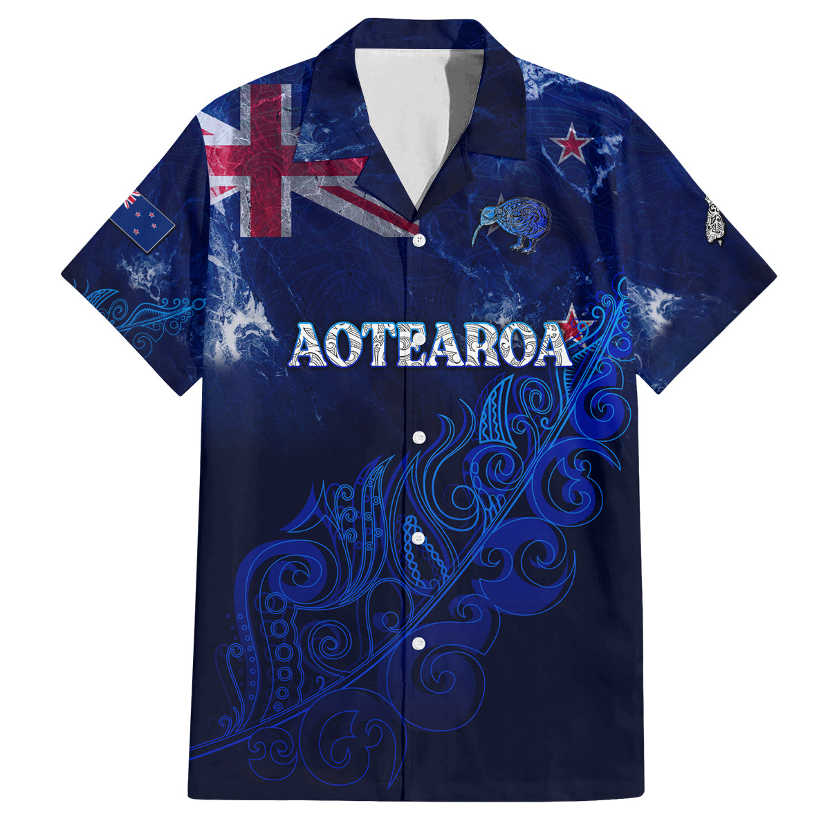 Personalised New Zealand Family Matching Summer Maxi Dress and Hawaiian Shirt Aotearoa Map Silver Fern DT02 Dad's Shirt - Short Sleeve Blue - Polynesian Pride