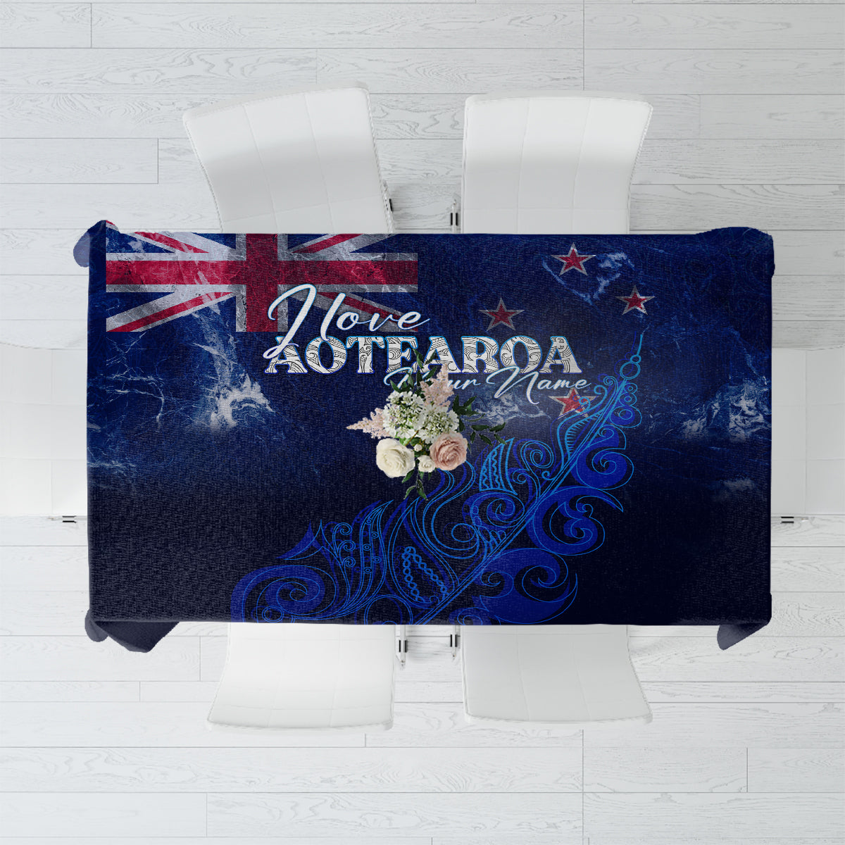 Personalised New Zealand Tablecloth Aotearoa Map Silver Fern DT02 Blue - Polynesian Pride