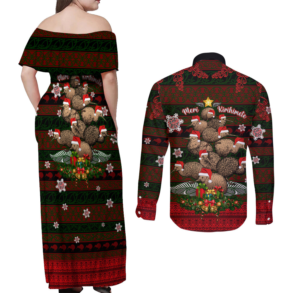 Meri Kirihimete New Zealand Couples Matching Off Shoulder Maxi Dress and Long Sleeve Button Shirts Christmas Kiwi Maori DT02 - Polynesian Pride