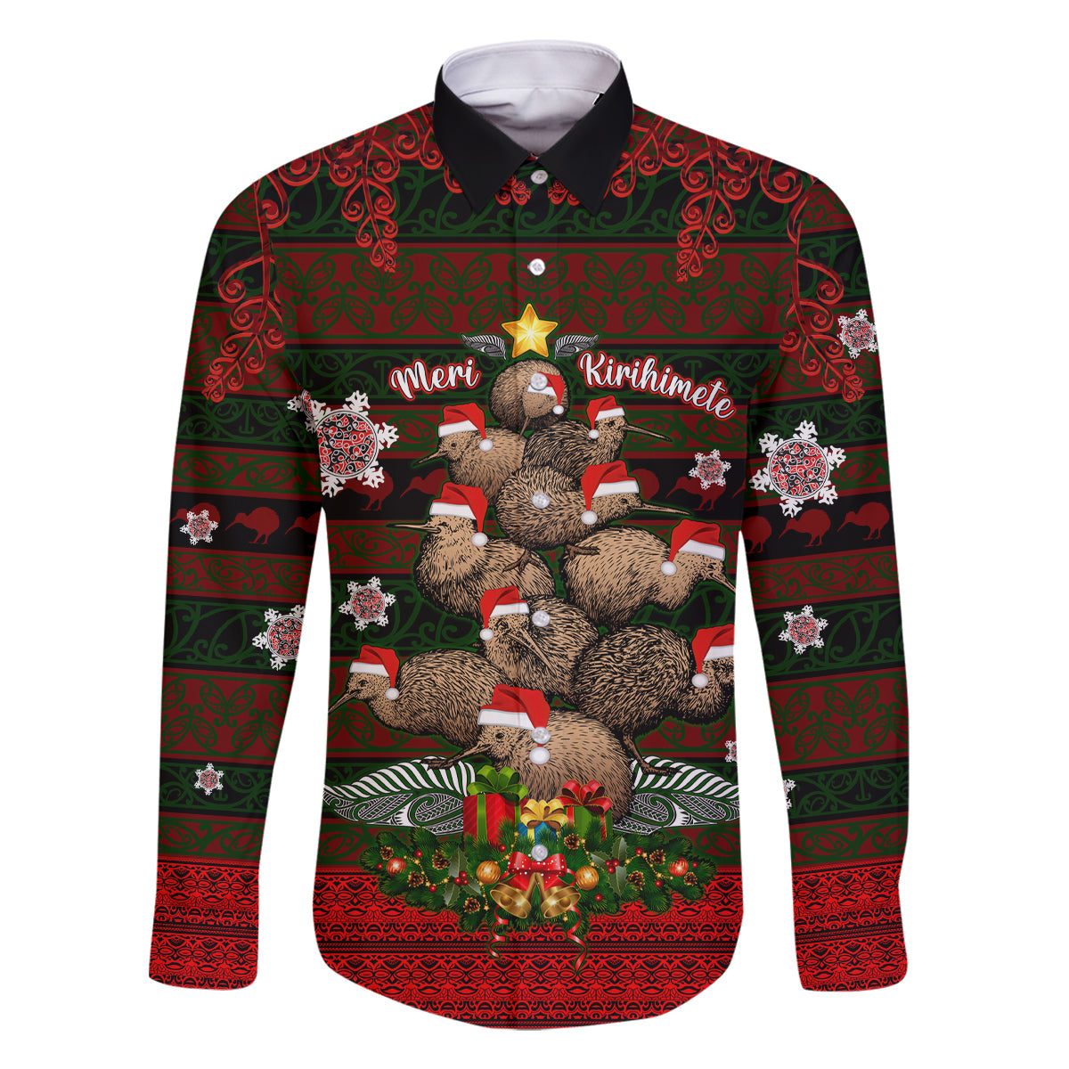Meri Kirihimete New Zealand Family Matching Long Sleeve Bodycon Dress and Hawaiian Shirt Christmas Kiwi Maori DT02 Dad's Shirt - Long Sleeve Red - Polynesian Pride
