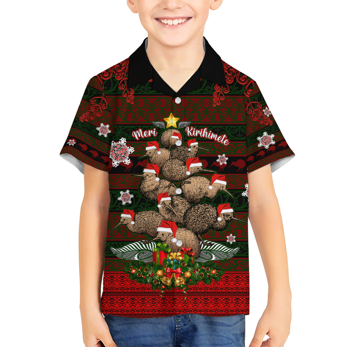 Meri Kirihimete New Zealand Family Matching Short Sleeve Bodycon Dress and Hawaiian Shirt Christmas Kiwi Maori DT02 Son's Shirt Red - Polynesian Pride