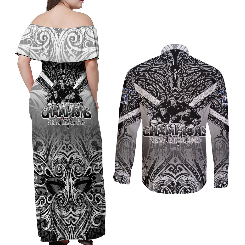 New Zealand Couples Matching Off Shoulder Maxi Dress and Long Sleeve Button Shirt Rugby Aotearoa Champions DT02 - Polynesian Pride