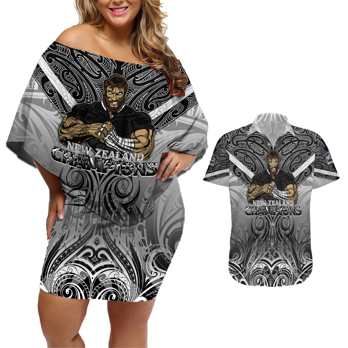 New Zealand Couples Matching Off Shoulder Short Dress and Hawaiian Shirt Rugby Aotearoa Champions DT02 Black - Polynesian Pride