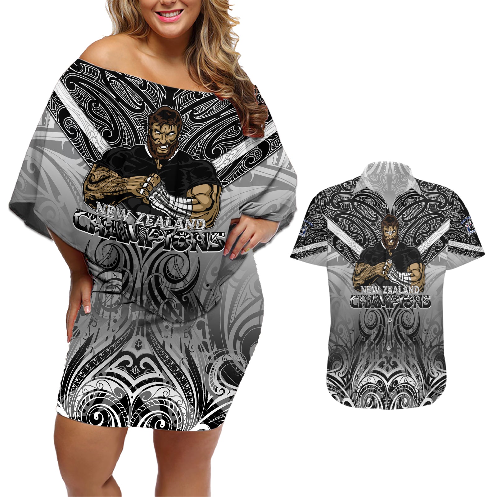 New Zealand Couples Matching Off Shoulder Short Dress and Hawaiian Shirt Rugby Aotearoa Champions DT02 Black - Polynesian Pride